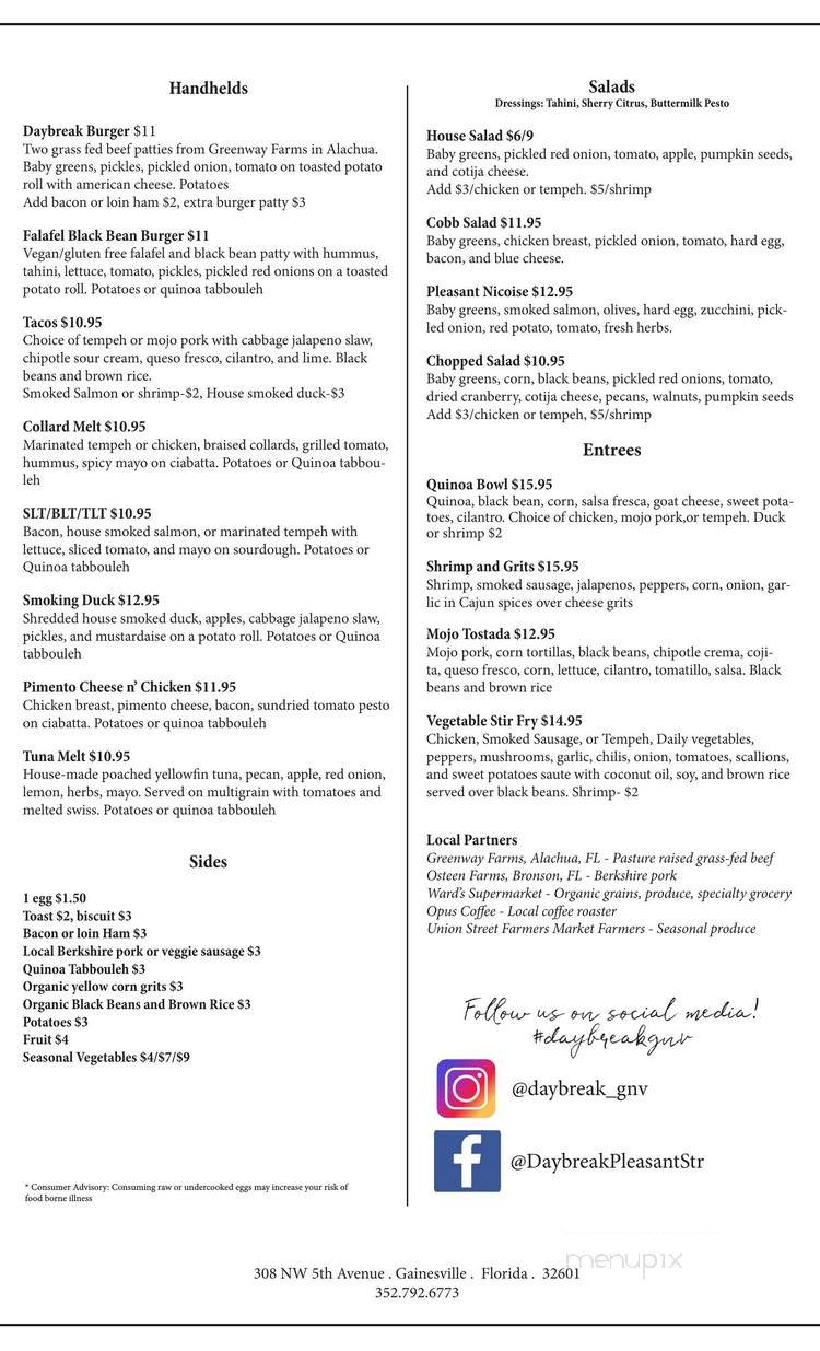 Daybreak Pleasant Street - Gainesville, FL menu_pic
