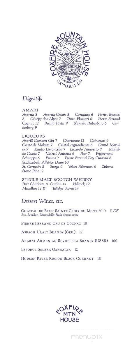 Foxfire Mountain House - Mount Tremper, NY menu_pic