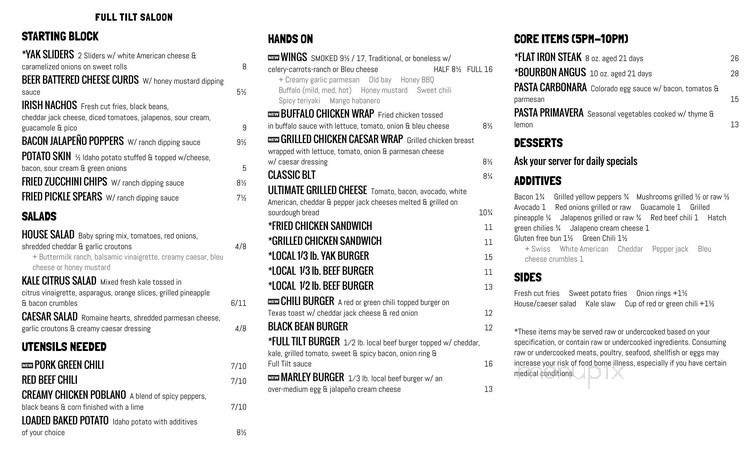Full Tilt Saloon - Ouray, CO menu_pic