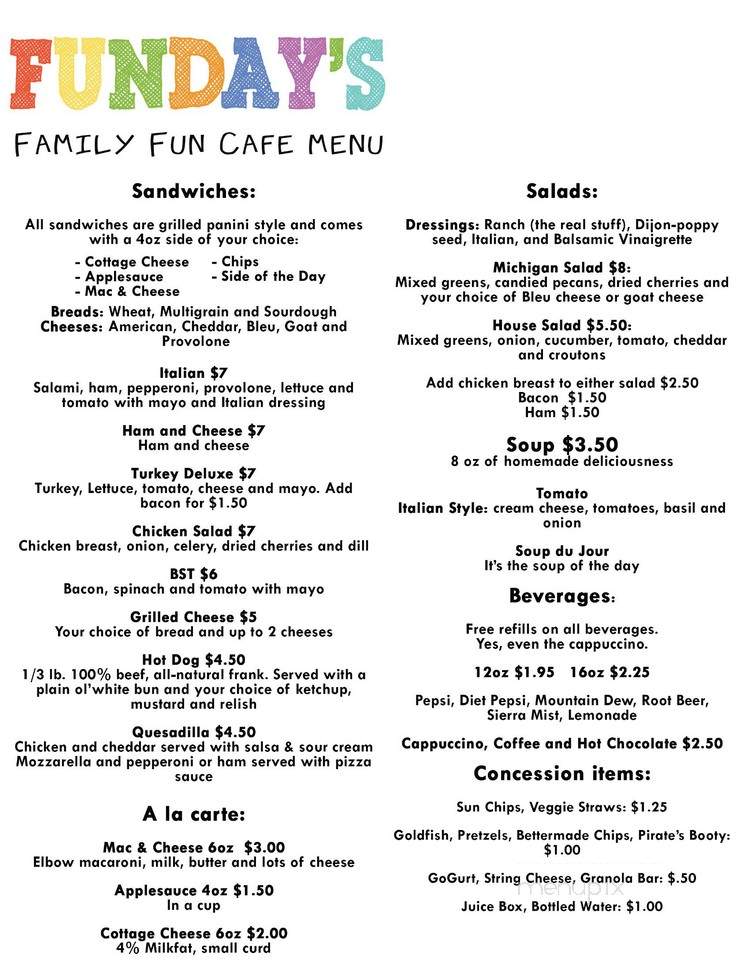 Fundays Family Fun Cafe - Jackson, MI menu_pic