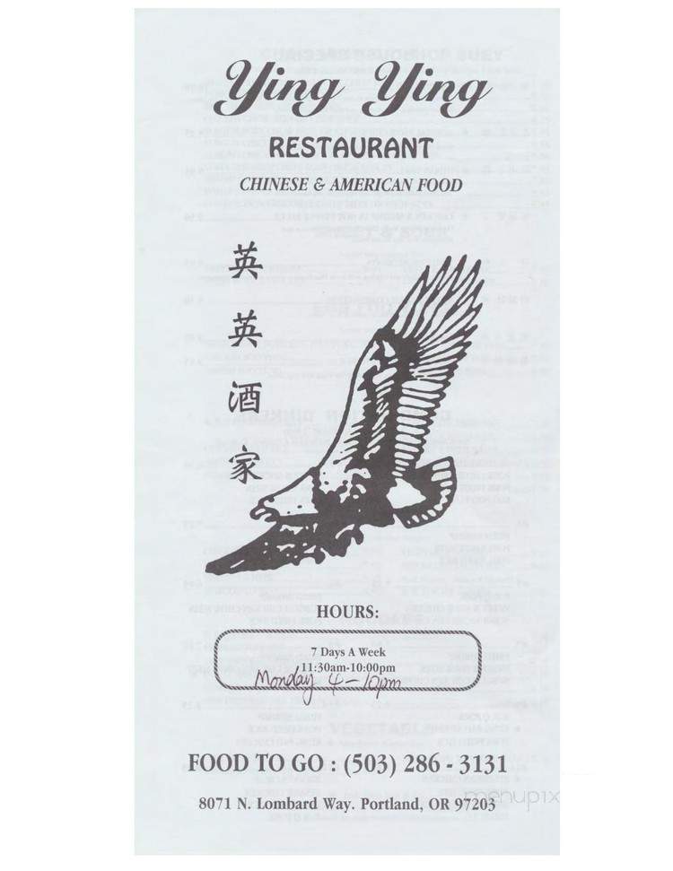 Ying-Ying Restaurant - Portland, OR menu_pic