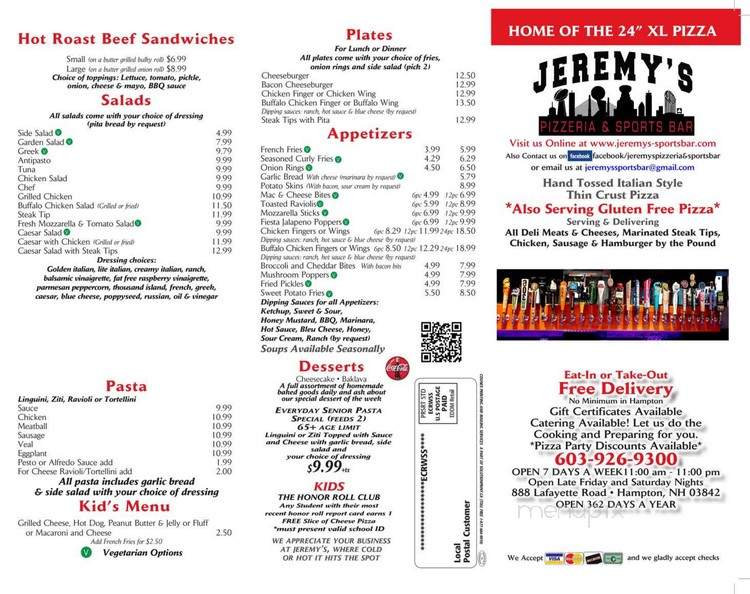 Jeremy's Pizzeria & Sports Bar - Hampton, NH menu_pic