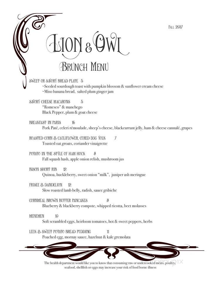 Lion & Owl Brunch - Eugene, OR menu_pic