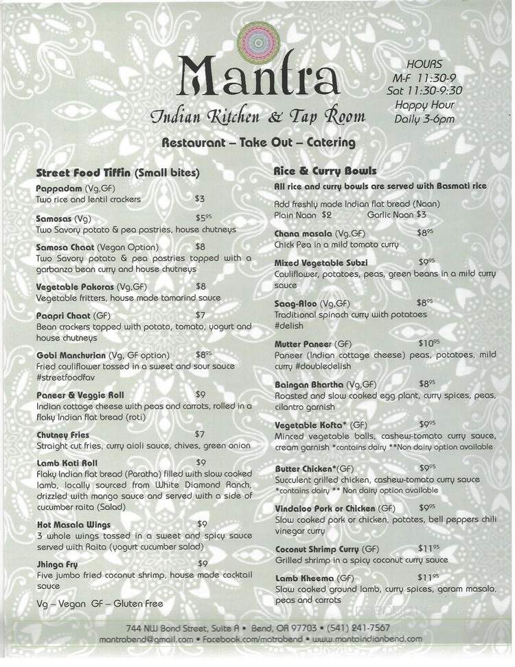 Mantra Indian Kitchen and Tap Room - Bend, OR menu_pic