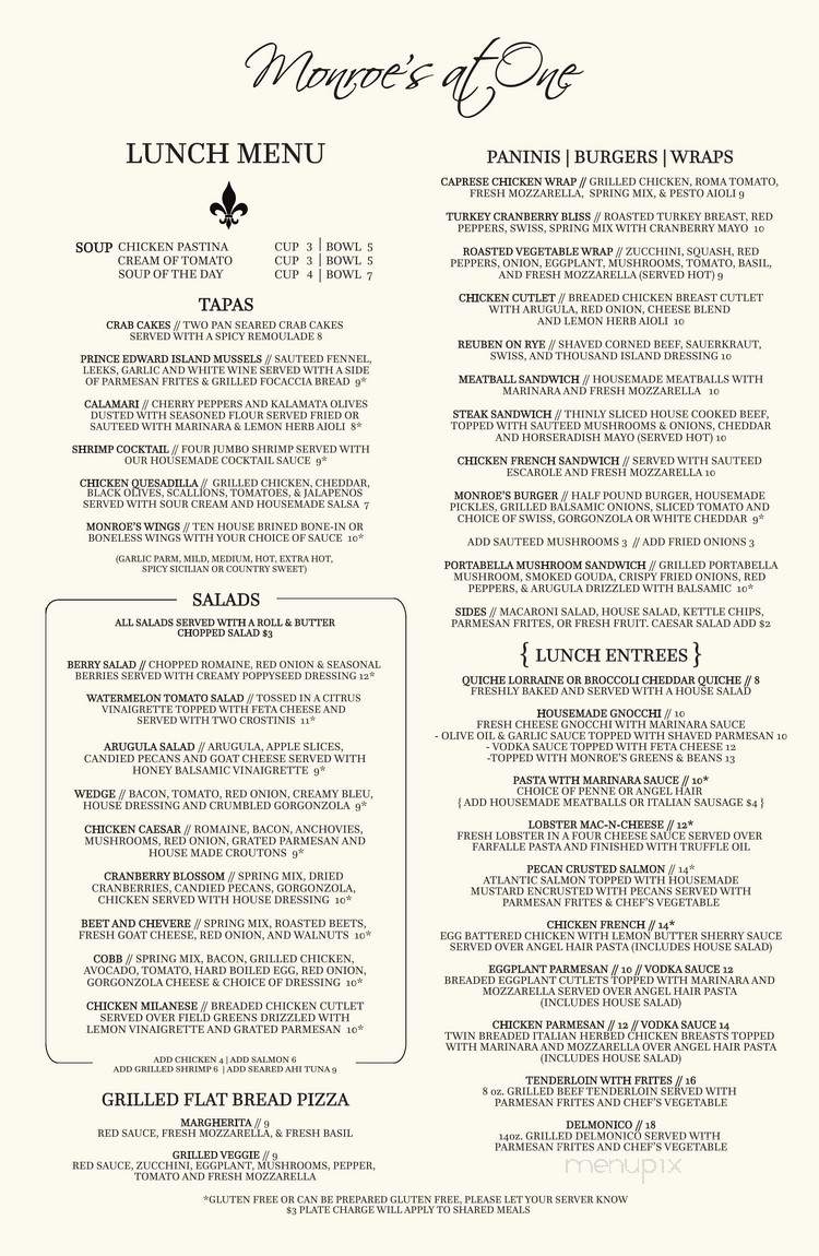 Monroe's At One - Rochester, NY menu_pic