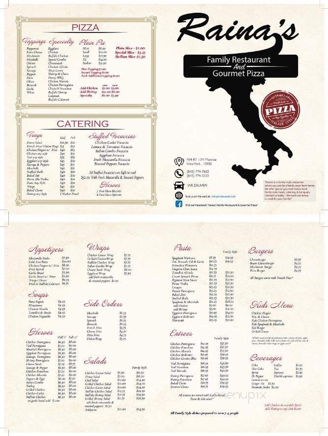 Raina's Family Restaurant & Gourmet Pizza - Monroe, NY menu_pic