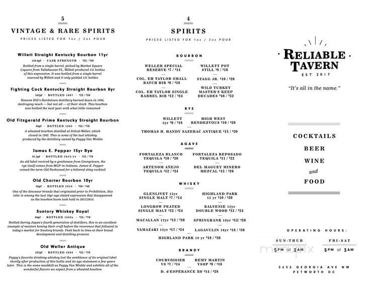 Reliable Tavern - Washington, DC menu_pic