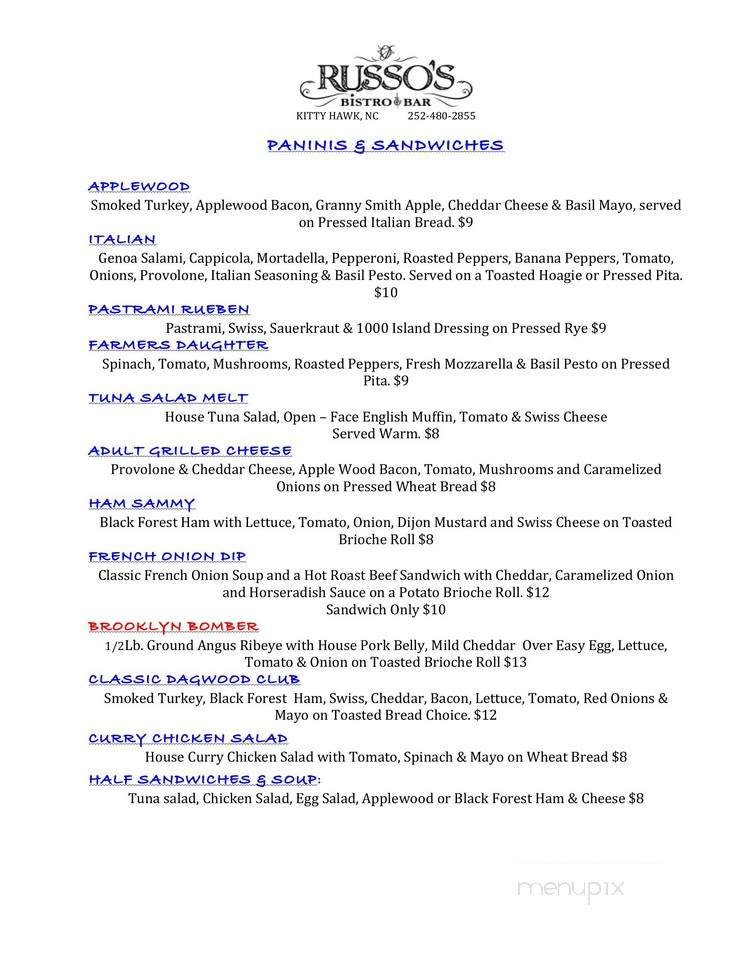 Russo's Bistro & Bar - Kitty Hawk, NC menu_pic