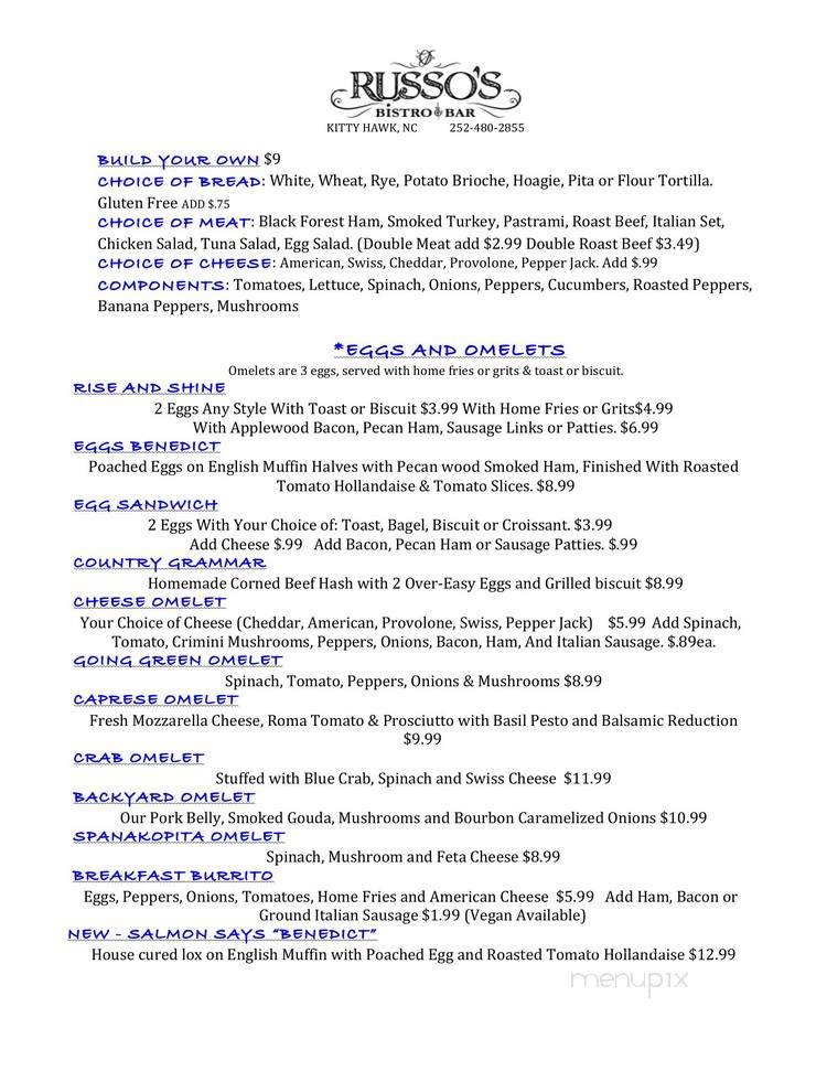 Russo's Bistro & Bar - Kitty Hawk, NC menu_pic