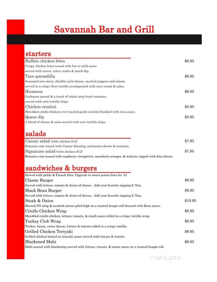 Savannah Bar and Grille - Kissimmee, FL menu_pic
