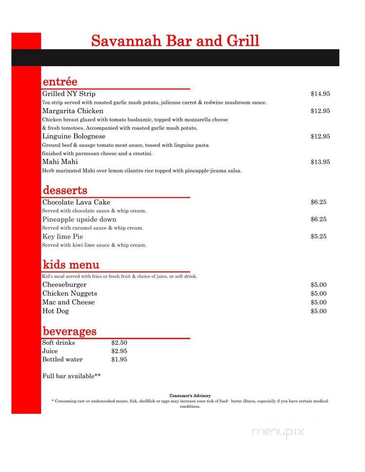 Savannah Bar and Grille - Kissimmee, FL menu_pic