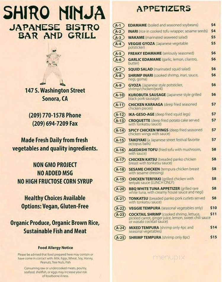 Shiro Ninja Japanese Bistro - Sonora, CA menu_pic