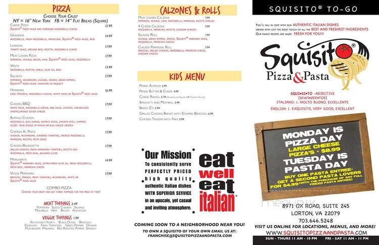 Squisito Pizza & Pasta - Lorton, VA menu_pic
