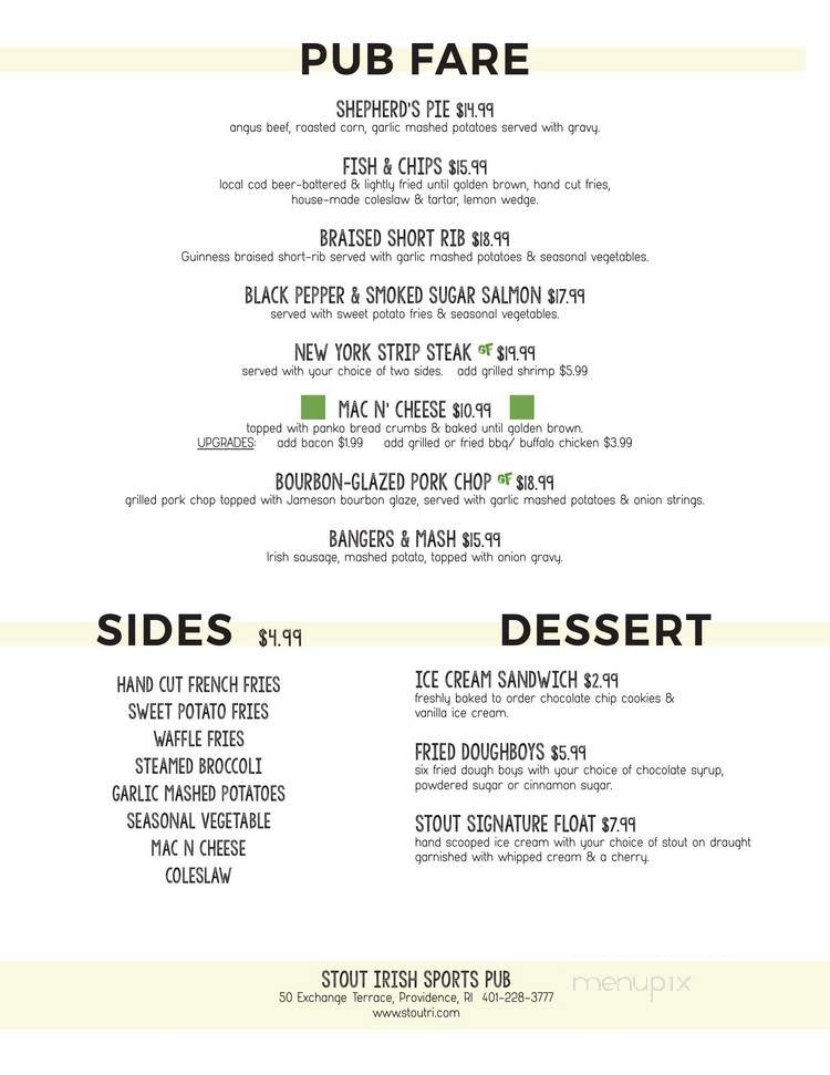 Stout Irish Sports Pub - Providence, RI menu_pic