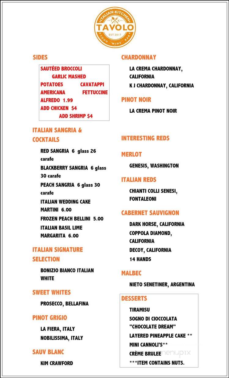 TAVOLO Italian Kitchen - Tyler, TX menu_pic