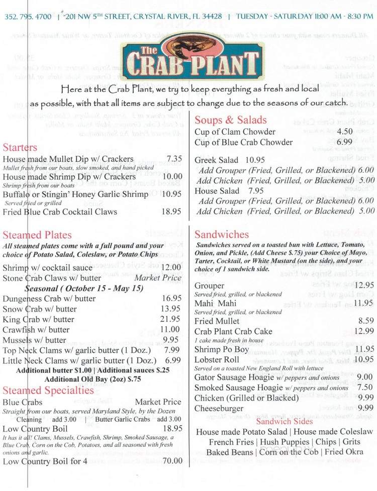 The Crab Plant - Crystal River, FL menu_pic
