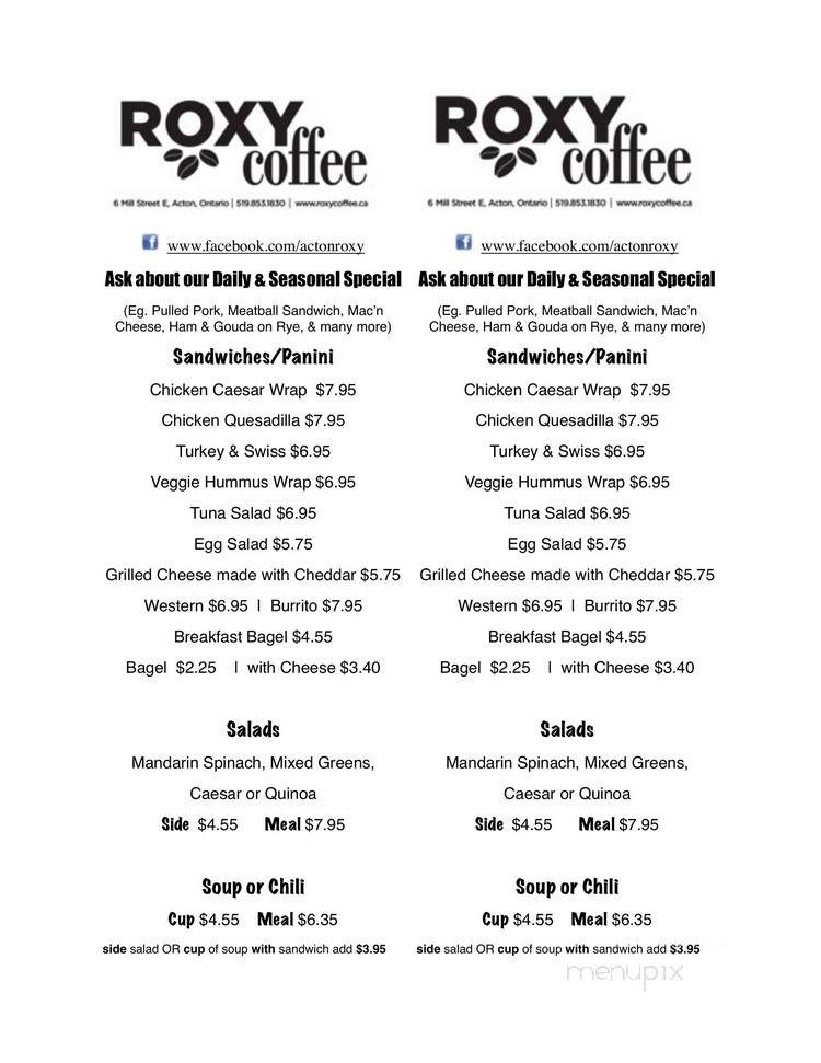 Roxy Coffee - Acton, ON menu_pic