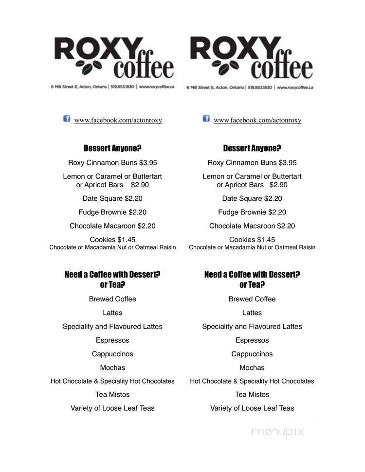 Roxy Coffee - Acton, ON menu_pic