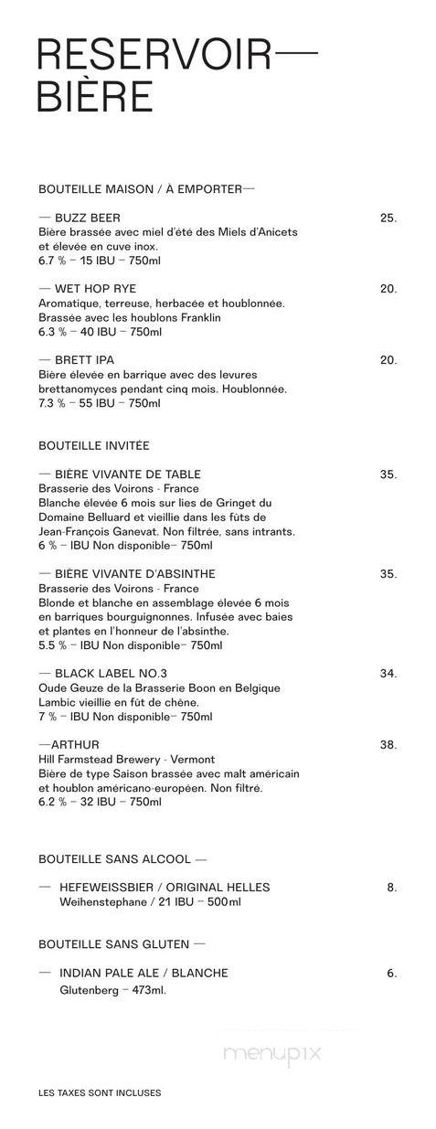 Le Reservoir - Montreal, QC menu_pic