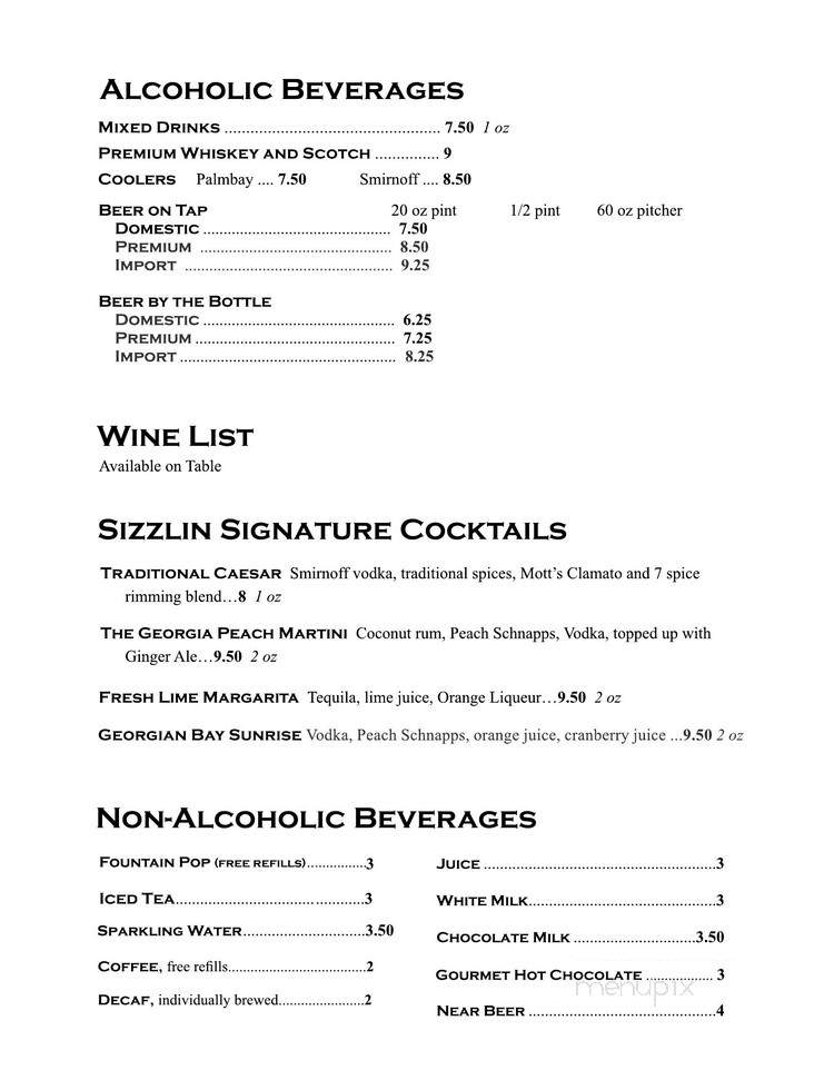 Sizzlin - Meaford, ON menu_pic