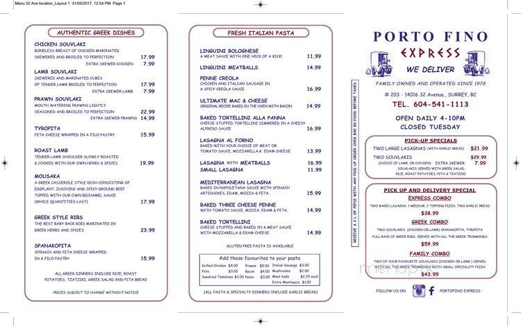 Porto Fino Express - Surrey, BC menu_pic