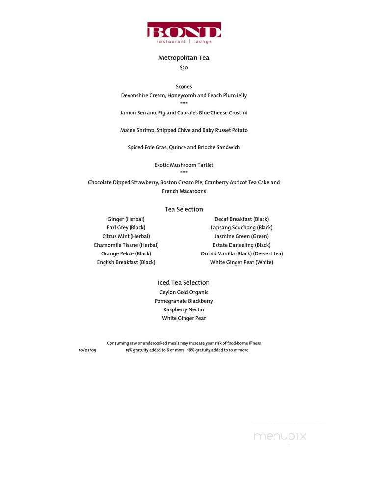Bond Restaurant & Lounge - Boston, MA menu_pic