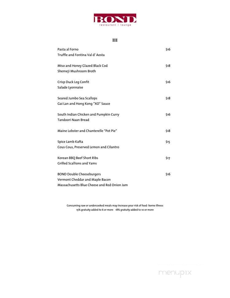 Bond Restaurant & Lounge - Boston, MA menu_pic