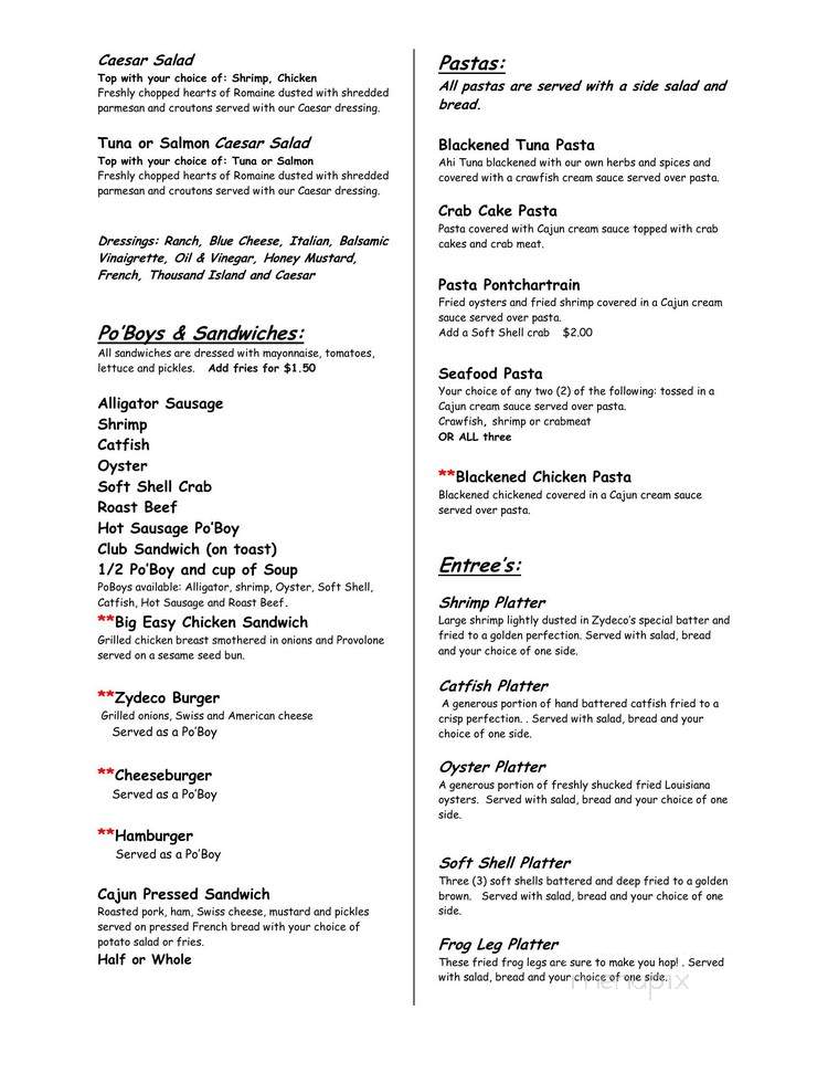 Zydeco's II - Boutte, LA menu_pic