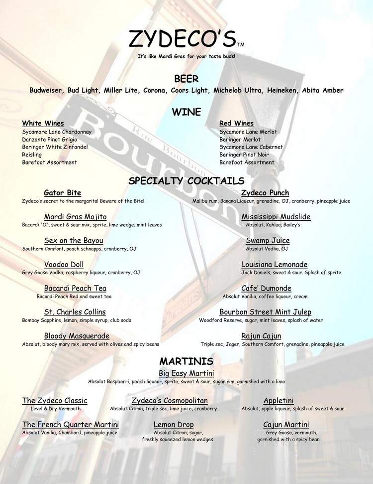 Zydeco's II - Boutte, LA menu_pic