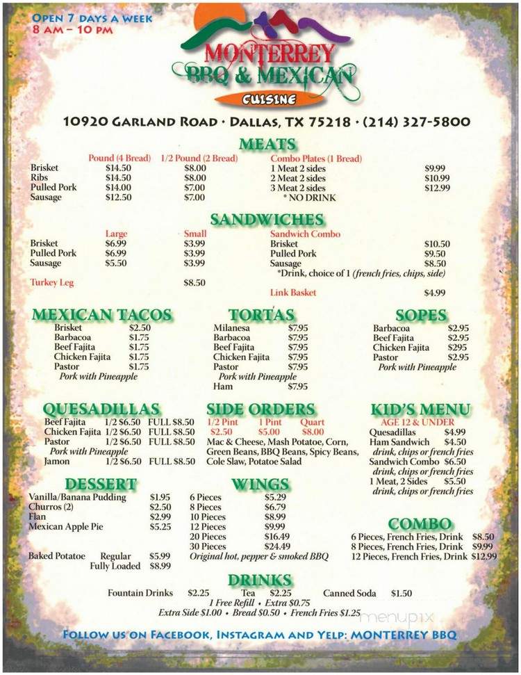 Monterrey BBQ - Dallas, TX menu_pic