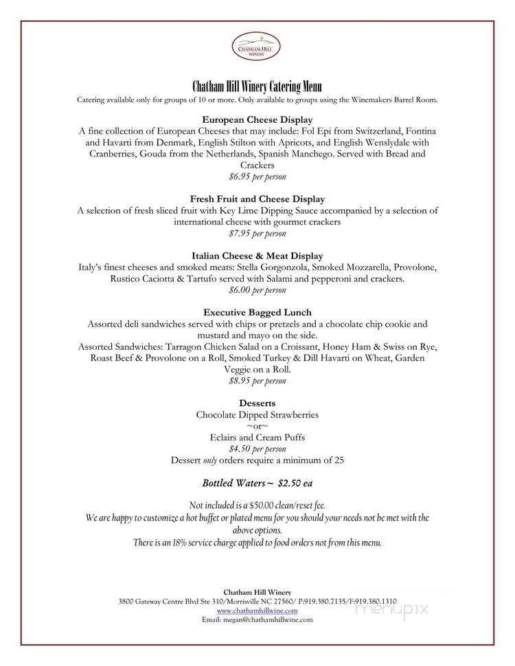 Chatham Hill Winery - Cary, NC menu_pic