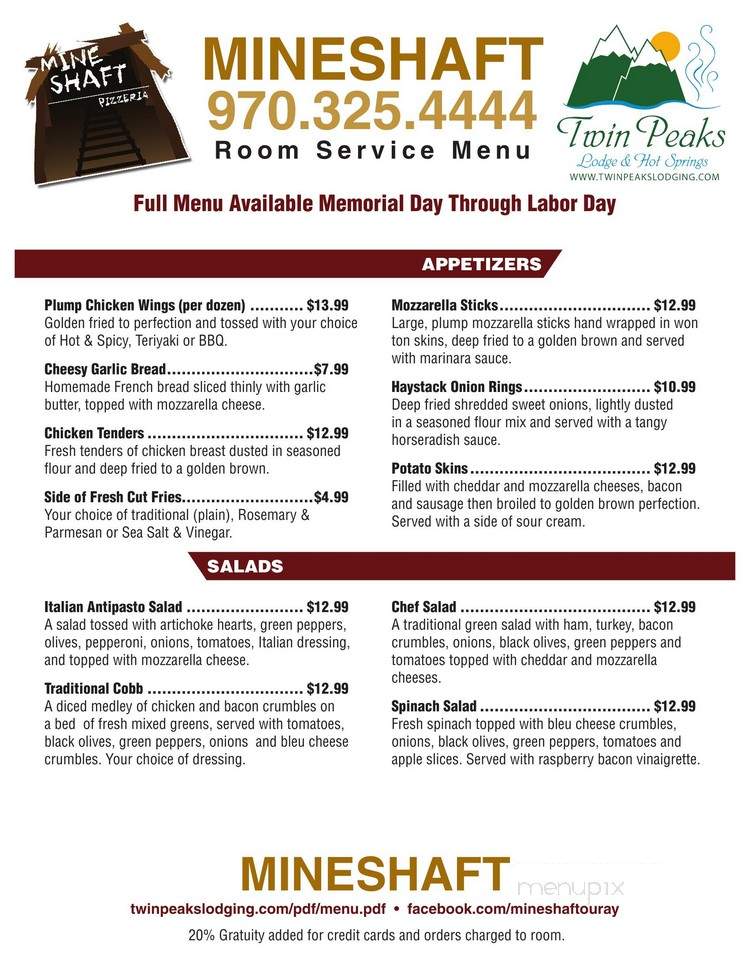 The MineShaft Pizzeria and Tiki Bar - Ouray, CO menu_pic