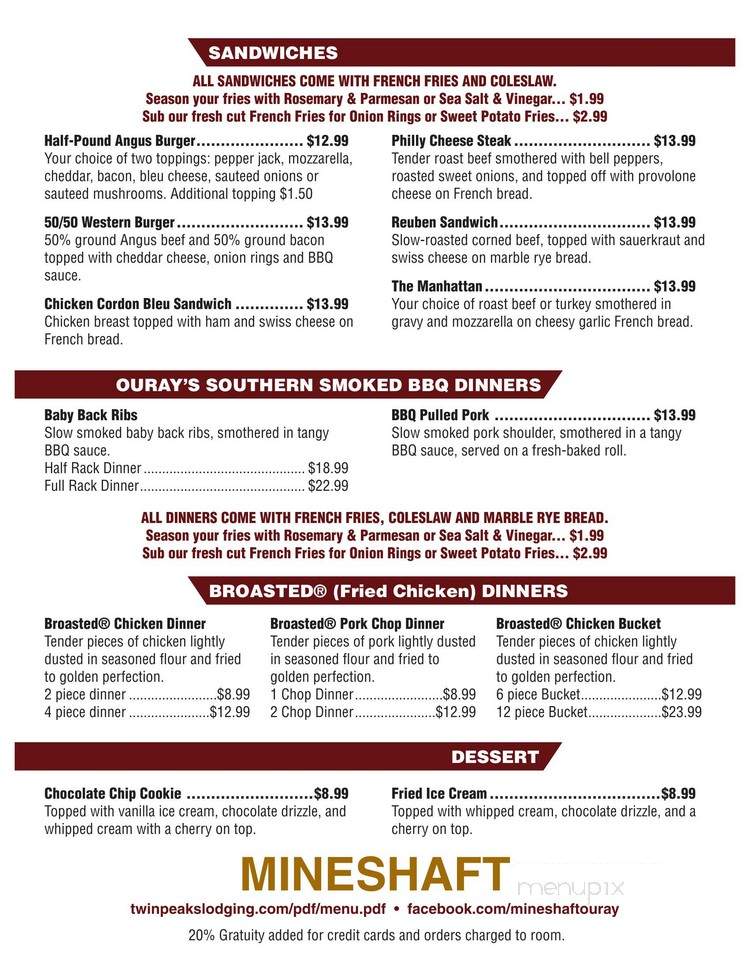 The MineShaft Pizzeria and Tiki Bar - Ouray, CO menu_pic