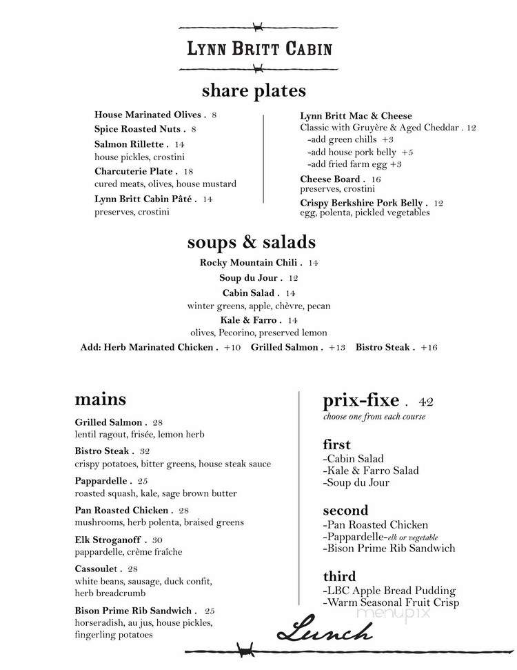 Lynn Britt Cabin - Aspen, CO menu_pic
