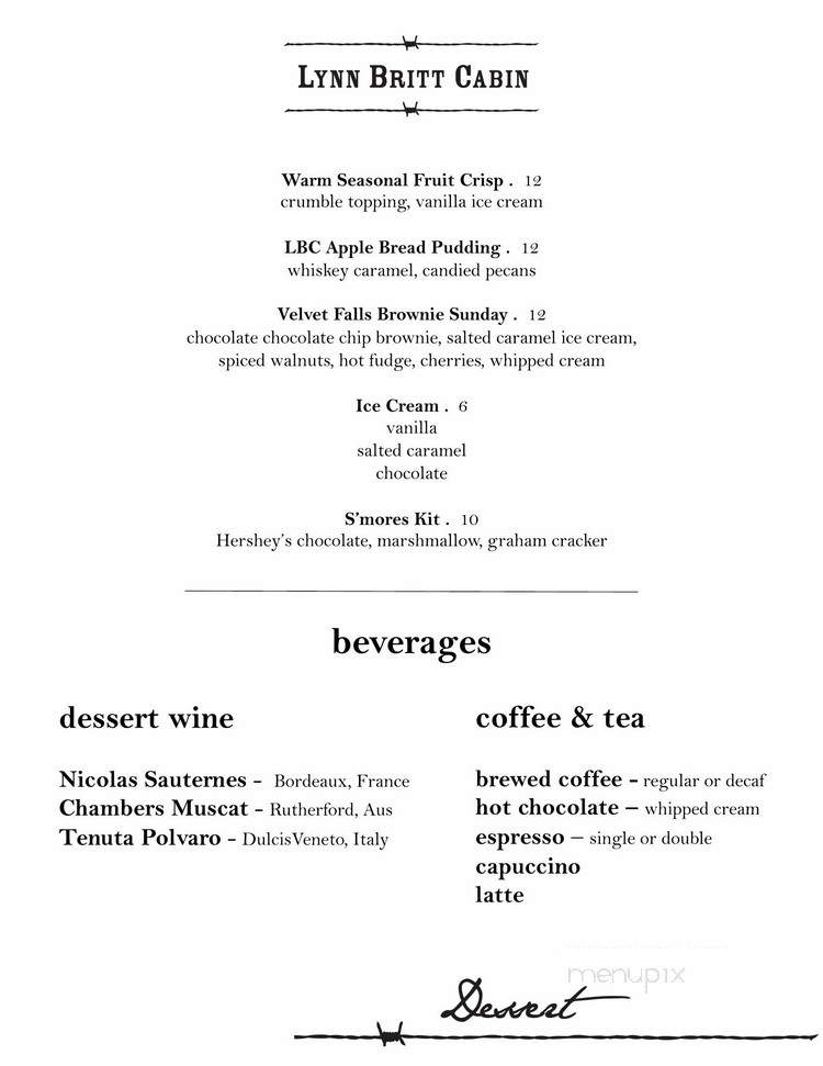 Lynn Britt Cabin - Aspen, CO menu_pic