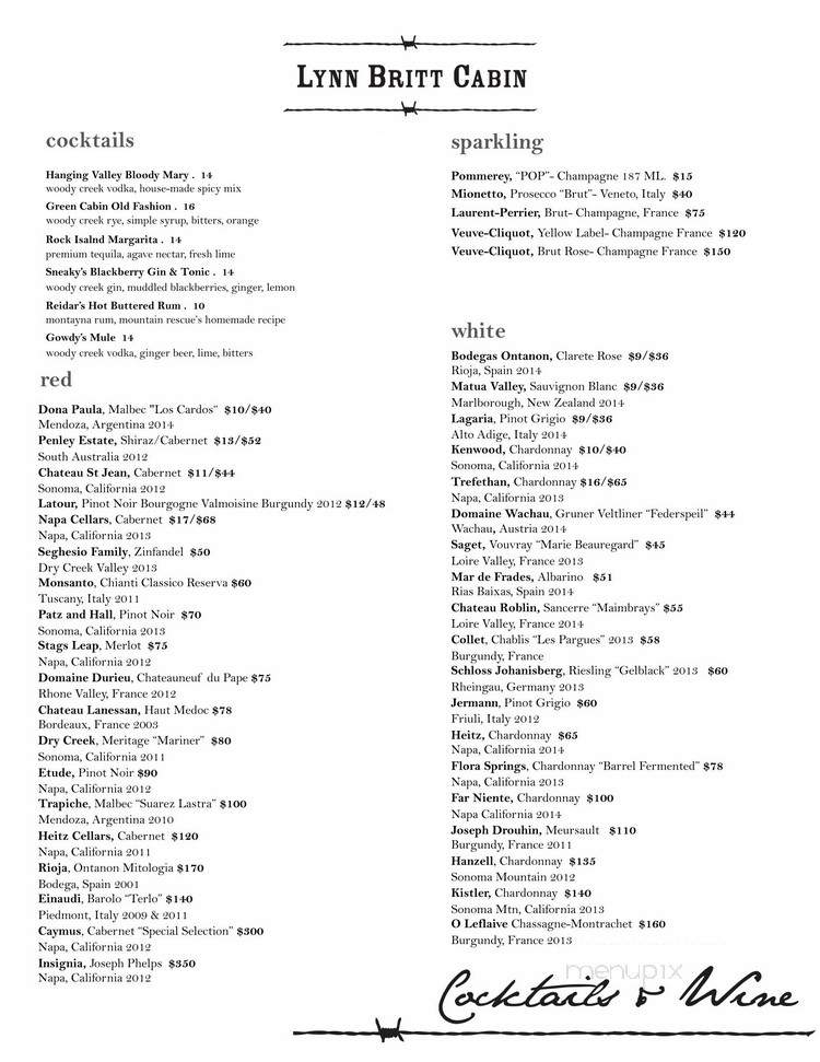 Lynn Britt Cabin - Aspen, CO menu_pic