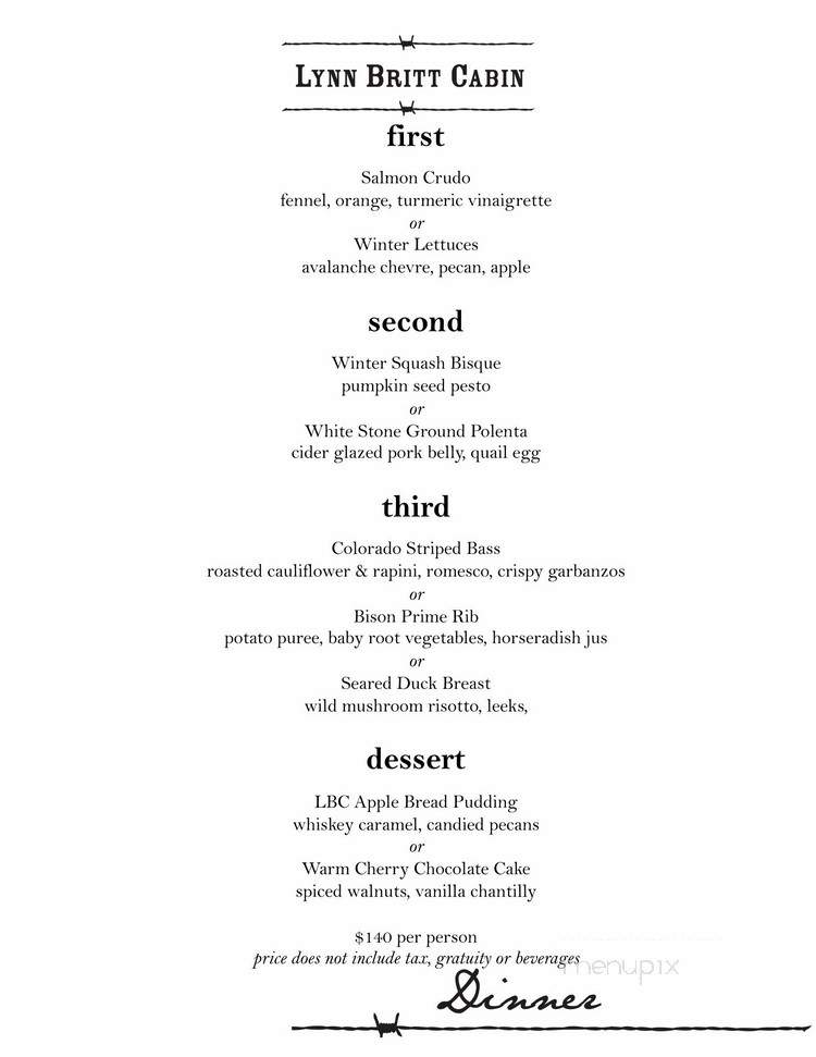 Lynn Britt Cabin - Aspen, CO menu_pic