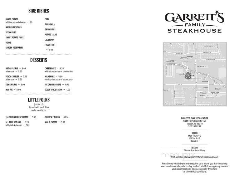 Garrett's Family Steakhouse - Tucson, AZ menu_pic