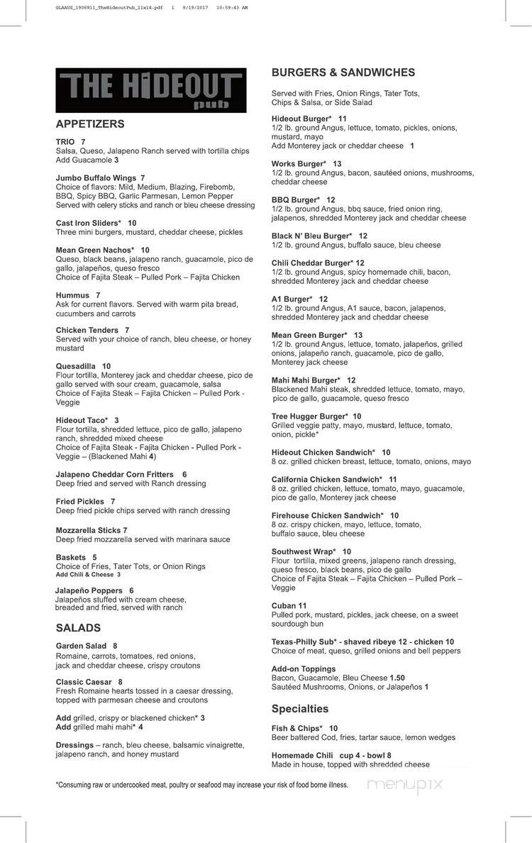 Hideout Pub - Austin, TX menu_pic