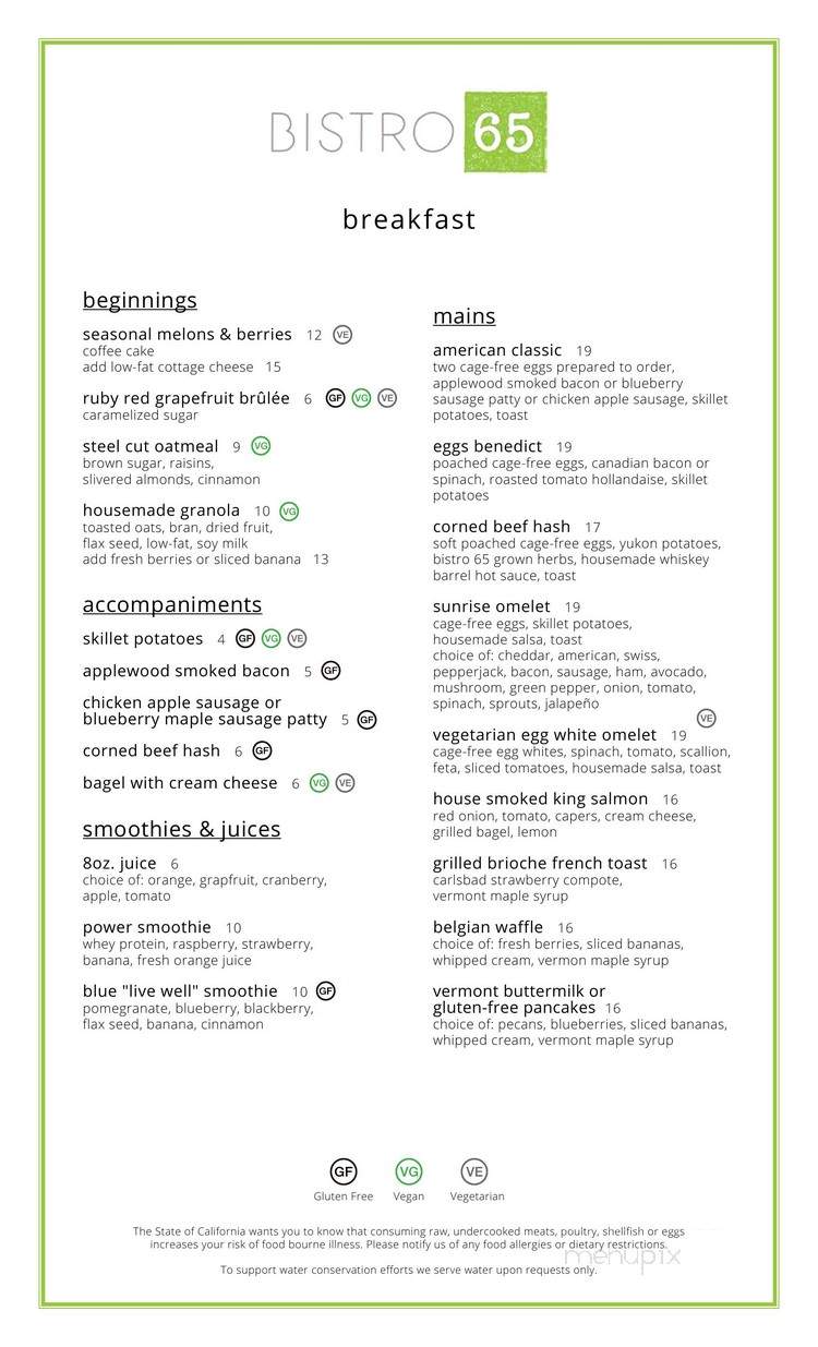 Bistro 65 - Carlsbad, CA menu_pic