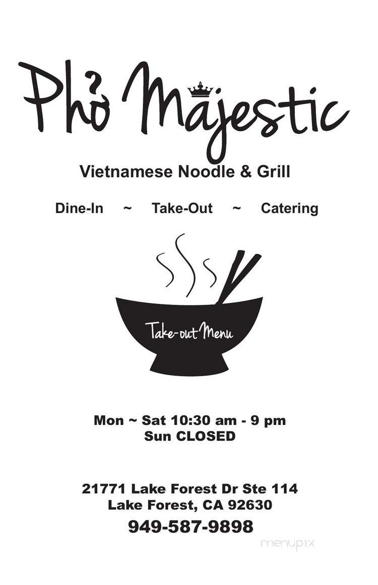 Pho Majestic Vietnamese Noodle & Grill - Lake Forest, CA menu_pic