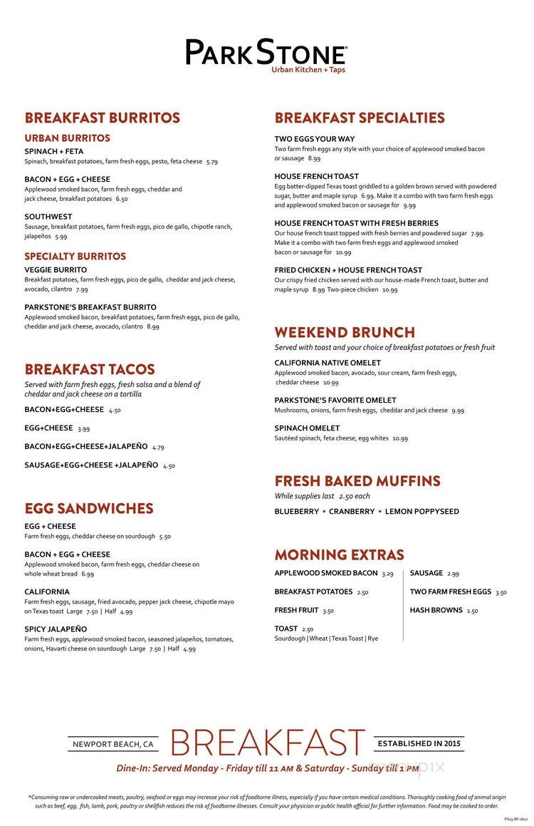 ParkStone Urban Kitchen + Taps - Newport Beach, CA menu_pic