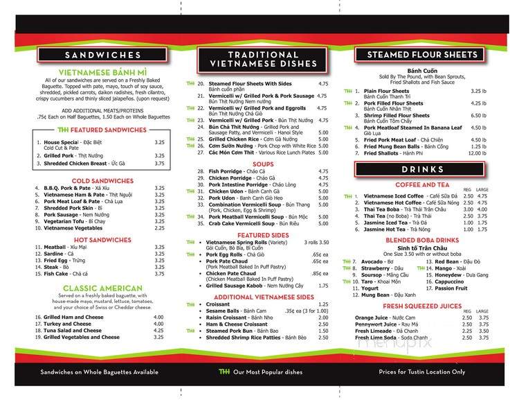 Tan Hoang Huong Sandwiches & Coffee - Westminster, CA menu_pic