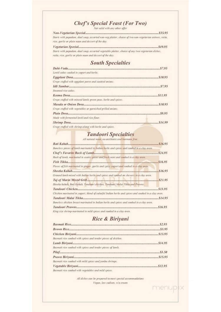 Taj of Marin - San Rafael, CA menu_pic