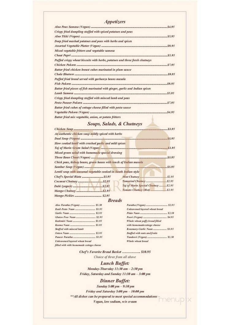 Taj of Marin - San Rafael, CA menu_pic