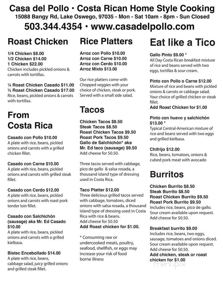 Casa del Pollo - Lake Oswego, OR menu_pic