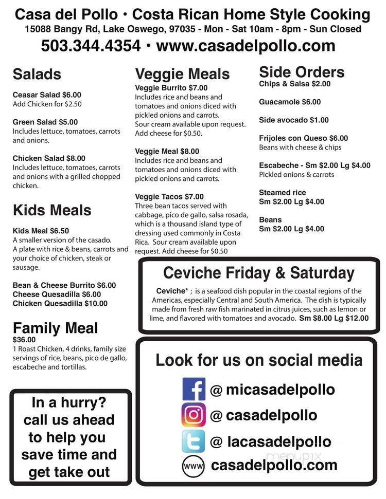 Casa del Pollo - Lake Oswego, OR menu_pic