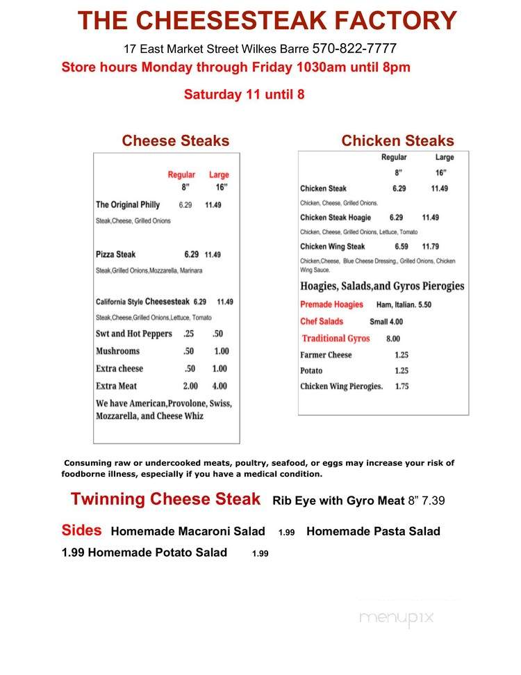 Cheesesteak factory - Wilkes-Barre, PA menu_pic