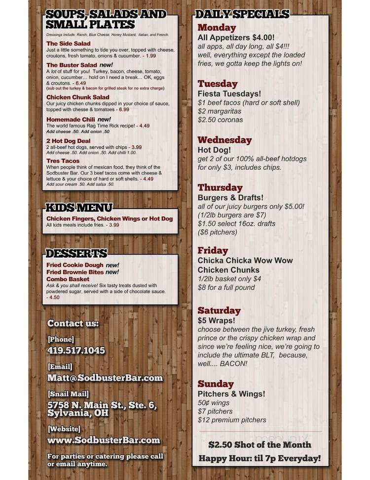 Sodbuster Restaurant & Night - Sylvania, OH menu_pic