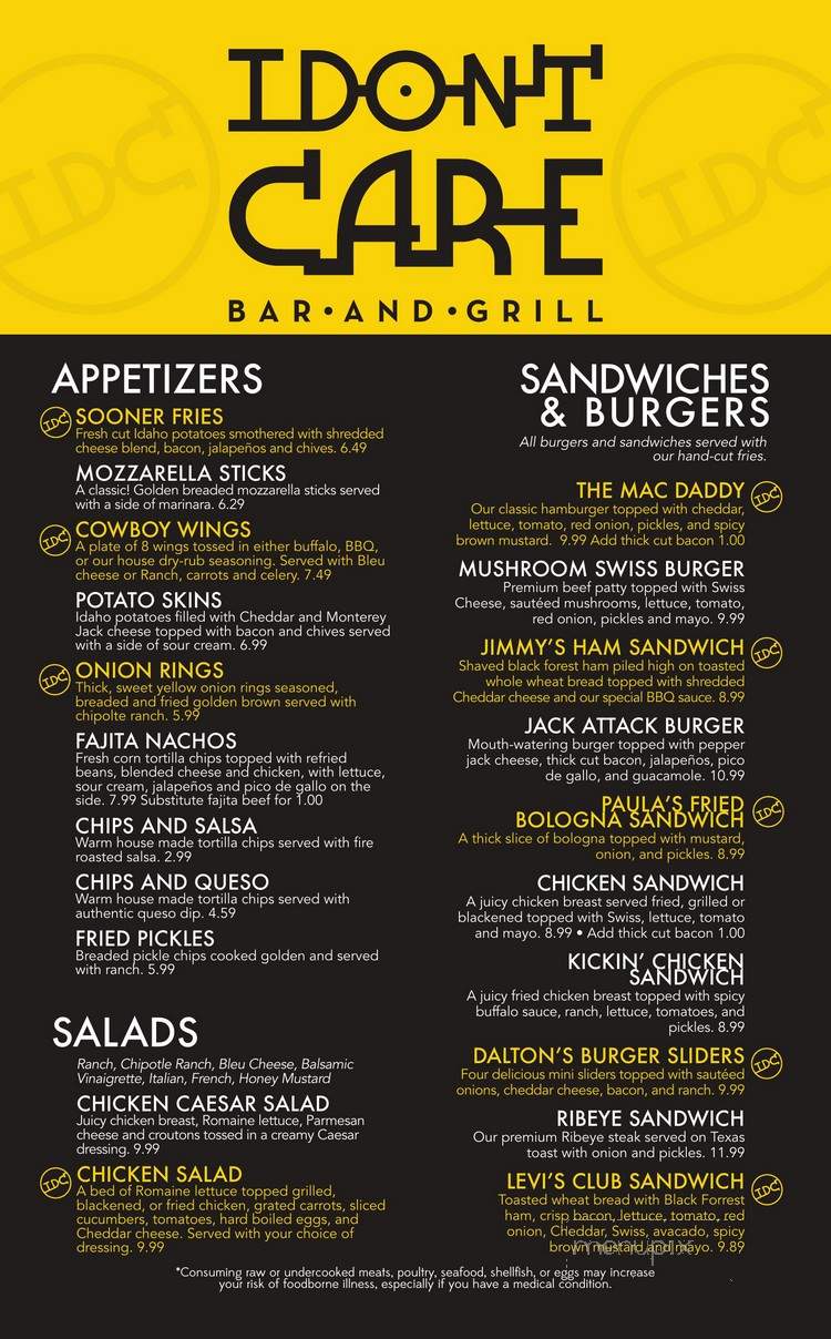 Menu of I Don�t Care Bar &amp; Grill in Catoosa, OK 74015